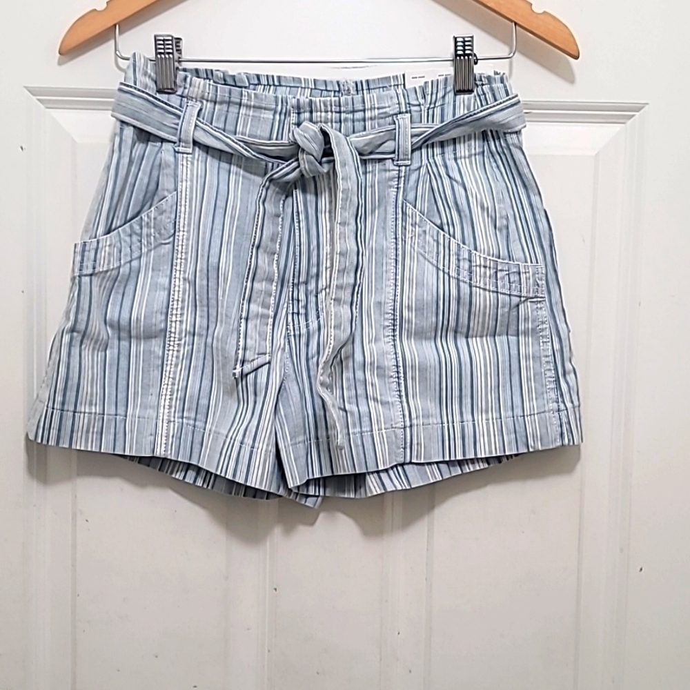 American Eagle Mom Shorts Womens 0‎ Blue White Striped Super High Rise Tie Waist